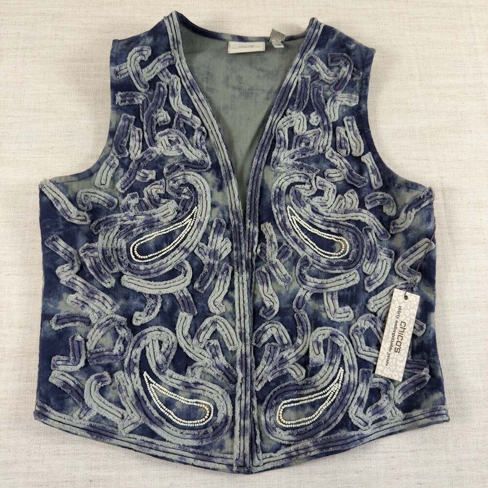 Chico's Thirty Unforgettable Years Blue Embroidered Beaded Paisley Vest Size 1
